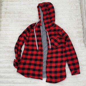 Ying Cai Red and Black Plaid Hooded Shirt